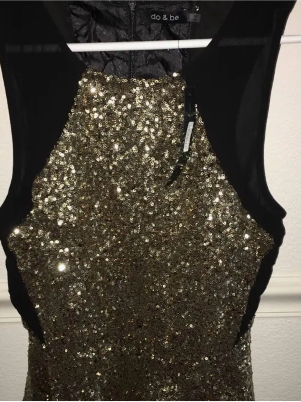 DO+BE Gold Sequin Halter Cocktail Dress with Black Panels